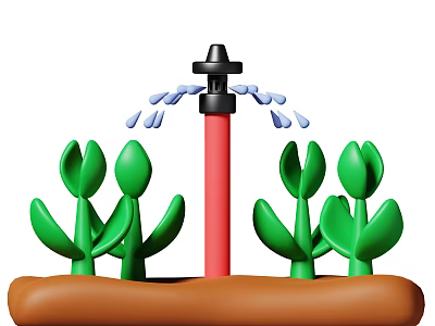 Water Sprinkler with Red Pole Black Head Spraying Water on Green Plants in Brown Soil 3d model