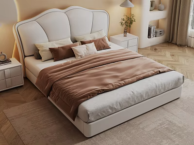 Double Bed With White Upholstered Headboard Brown Comforter And Nightstands In Modern Bedroom Interior 3d model