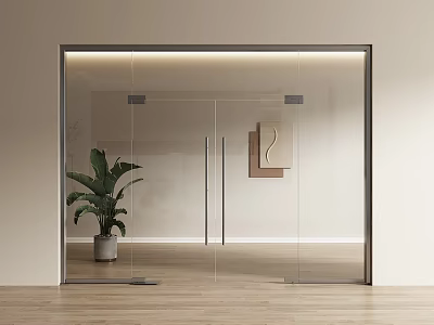 Modern Glass Double Doors with Metal Frame in Minimalist Interior and Green Plant Decor 3d model
