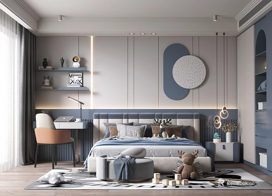 Cozy Modern Kids Room With Bed Desk Chair Teddy Bear And Gray Blue Color Scheme 3d model 