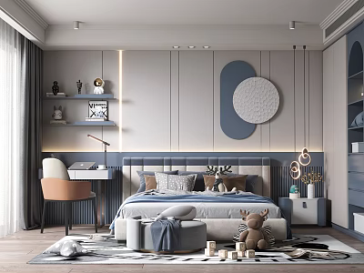 Cozy Modern Kids Room With Bed Desk Chair Teddy Bear And Gray Blue Color Scheme 3d model