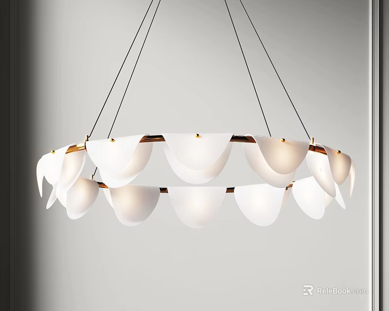 Modern Circular Chandelier With White Glass Shades And Golden Metal Frame 3d model 