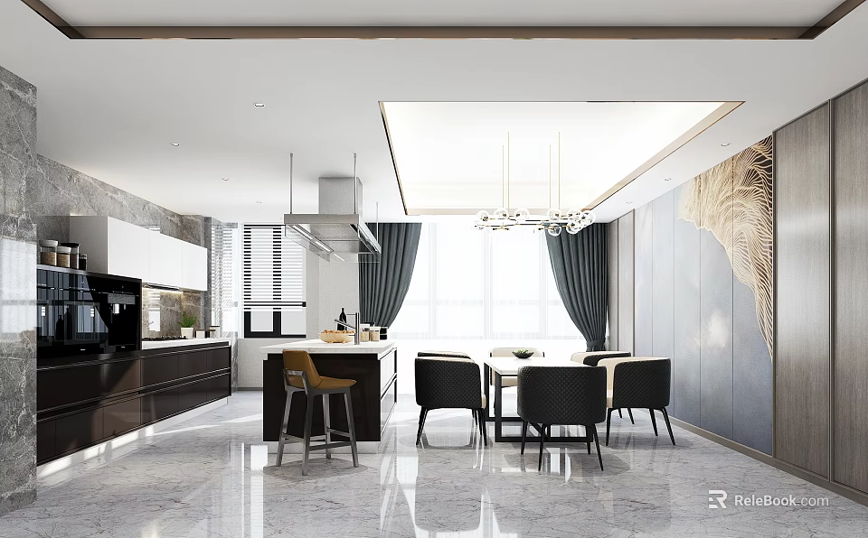 Modern Restaurant Interior With Marble Floor Chandelier Dining Table And Chairs 3d model