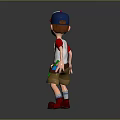 Child 3D Model Wearing Red White Blue Cap Red White Shirt Khaki Shorts Red Shoes