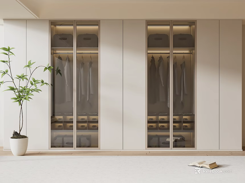 Modern Double Wardrobe With Glass Doors Hanging Clothes And Storage Drawers Design 3d model 