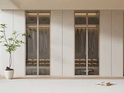 Modern Double Wardrobe With Glass Doors Hanging Clothes And Storage Drawers Design 3d model