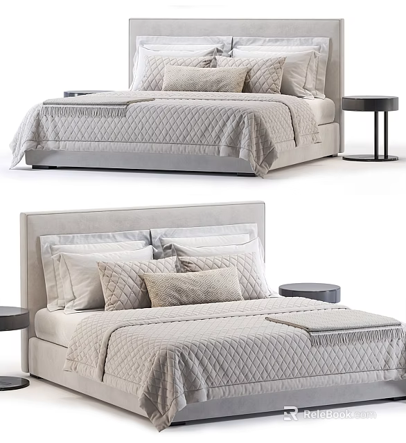 Modern Double Bed With Upholstered Headboard Quilted Bedspread And Side Table 3d model 