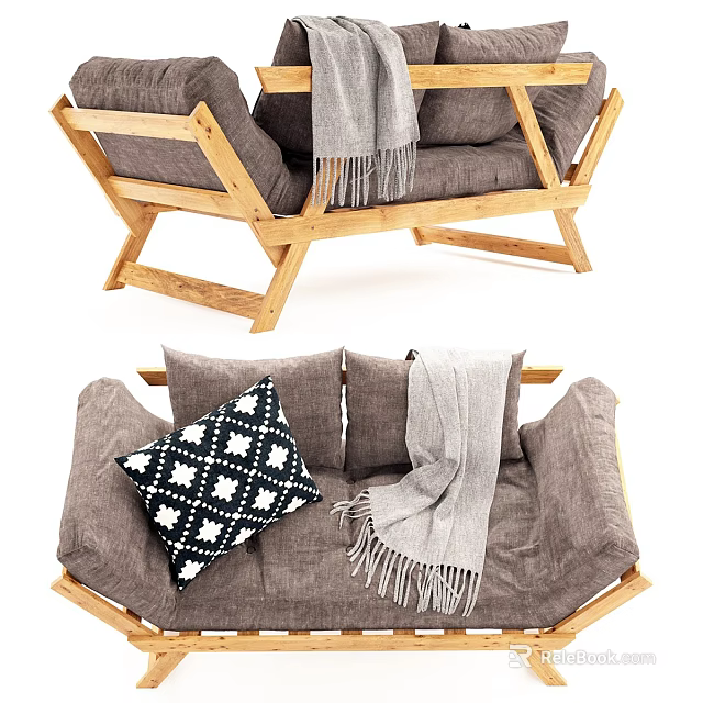 Cozy Double Sofa With Wooden Frame Gray Upholstery Decorative Pillows And Soft Throw Blanket 3d model 