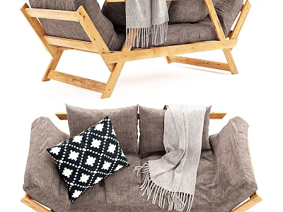 Cozy Double Sofa With Wooden Frame Gray Upholstery Decorative Pillows And Soft Throw Blanket 3d model
