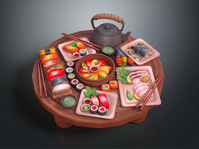Traditional Japanese Cuisine Assorted Sushi Sashimi on Circular Tray with Teapot and Chopsticks 3d model