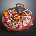 Traditional Japanese Cuisine Assorted Sushi Sashimi on Circular Tray with Teapot and Chopsticks