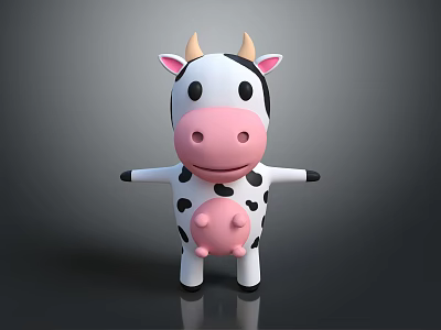 Cute 3D Cartoon Cow Character With Black White Spots Pink Nose And Yellow Horns 3d model