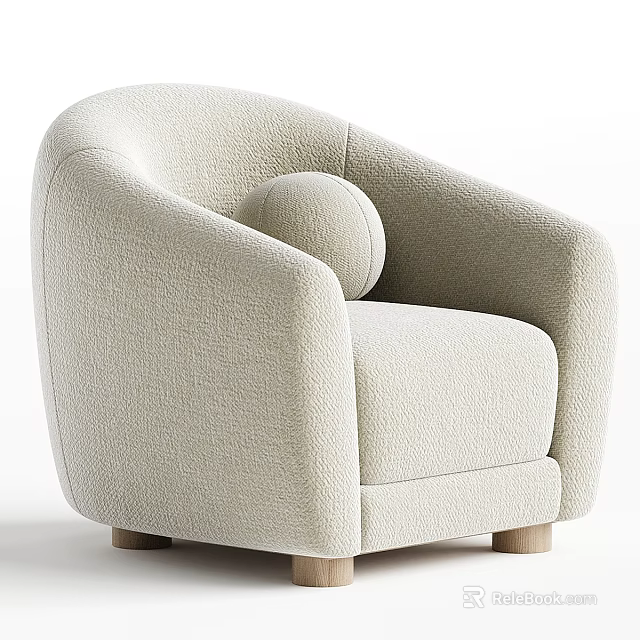 Comfortable Beige Single Sofa With Knitted Fabric Curved Armrest Round Cushion And Wooden Legs 3d model 