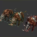Three Red Boars With Metal Armor Standing On Dark Reflective Surface 3d model
