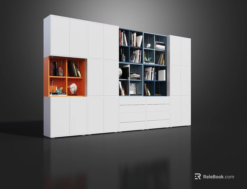 Modern White Bookcase Featuring Orange Compartment Multiple Shelves With Books And Decorative Items 3d model