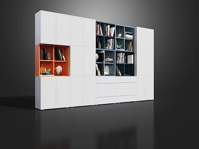 Modern White Bookcase Featuring Orange Compartment Multiple Shelves With Books And Decorative Items 3d model