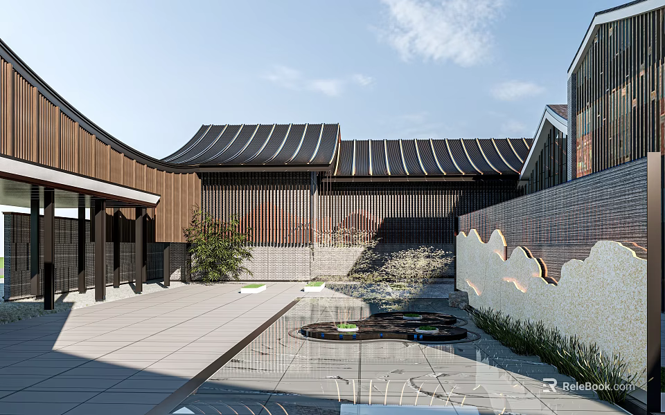 Traditional Modern Courtyard Architecture With Curved Tile Roof Wooden Structure Stone Pavement And Small Plants 3d model 