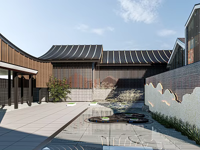 Traditional Modern Courtyard Architecture With Curved Tile Roof Wooden Structure Stone Pavement And Small Plants 3d model