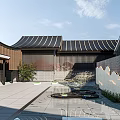 Traditional Modern Courtyard Architecture With Curved Tile Roof Wooden Structure Stone Pavement And Small Plants