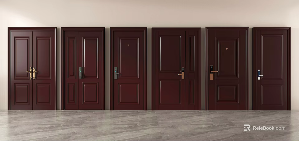 Dark Red Hinged Doors With Various Panel Designs And Metal Handles 3d model
