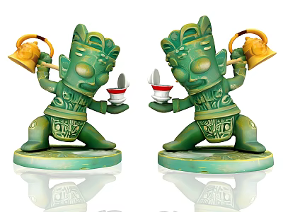 Green Decorative Figurines Holding Yellow Teapot And Red Teacup In Posing Stance 3d model