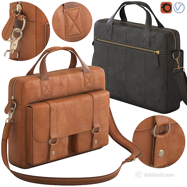 Brown And Black Leather Briefcase With Handles Shoulder Strap Metal Buckles And Stitching Details 3d model 
