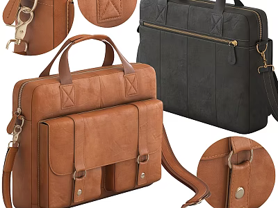 Brown And Black Leather Briefcase With Handles Shoulder Strap Metal Buckles And Stitching Details 3d model