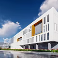 Modern School Building with Circular Design Greenery and Paved Pathway Under Blue Sky