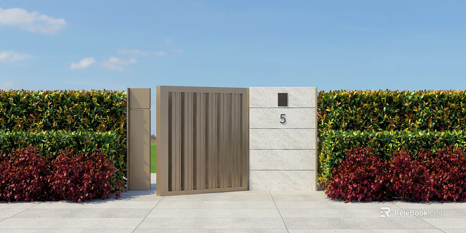 Elegant Detached Villa Entrance With Wooden Gate House Number 5 And Lush Greenery 3d model 