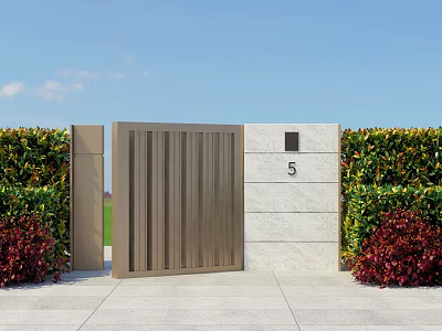 Elegant Detached Villa Entrance With Wooden Gate House Number 5 And Lush Greenery 3d model