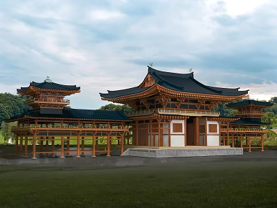 Ancient Wooden Architecture With Black Overhanging Eaves Green Grassland And Trees Under Cloudy Sky 3d model