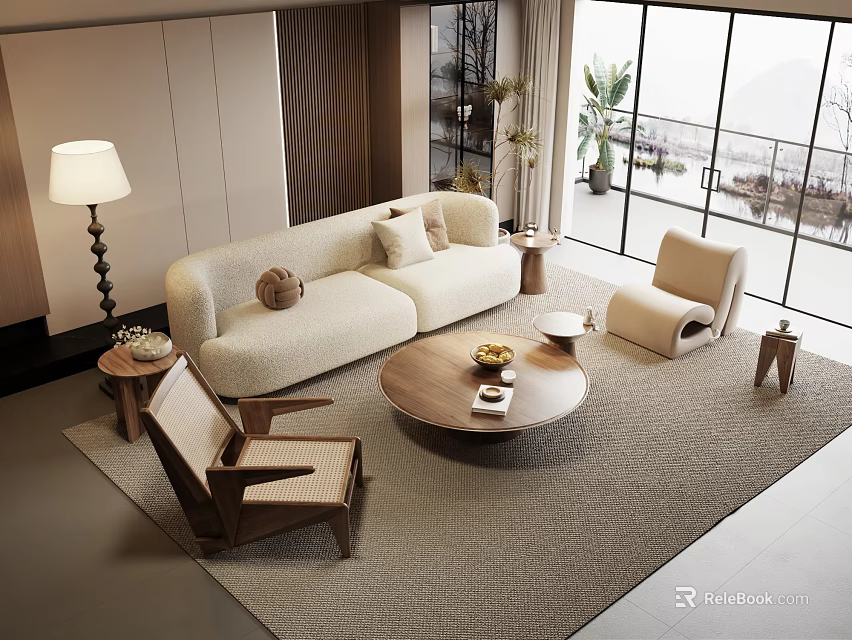 Contemporary Sofa And Coffee Table Set With Armchairs Area Rug Floor Lamp And Large Windows 3d model 