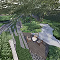 Scenic Park Landscape Featuring Lush Trees Winding Pathway Wooden Deck And Greenery