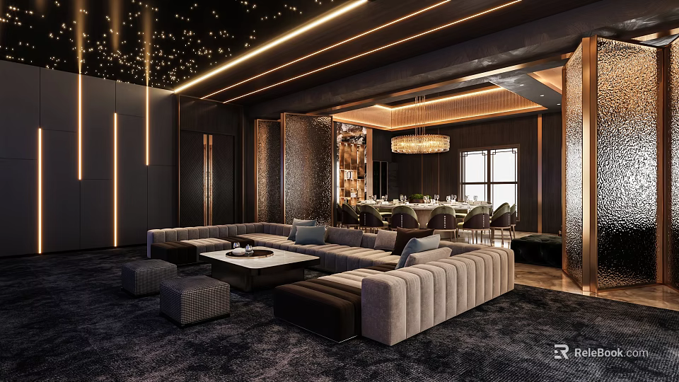 Luxury Private Room With Modern Sofas Coffee Table And Ambient Lighting 3d model
