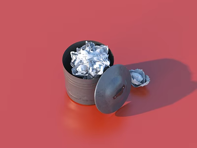 Metal Trash Can with Crumpled Aluminum Foil and Open Lid on Red Background 3d model