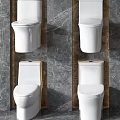 Six Different White Toilets on Gray Marble Wall with Wooden Frames Showcasing Stylish Designs
