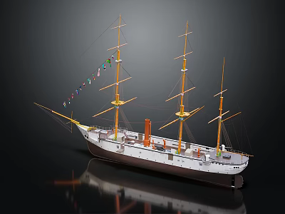 Classic Sailing Ship With Masts And Colored Flags 3d model