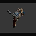 Steampunk Style Pistol Weapon With Wooden Grip Metallic Components Brass Accents And Blue Pipes