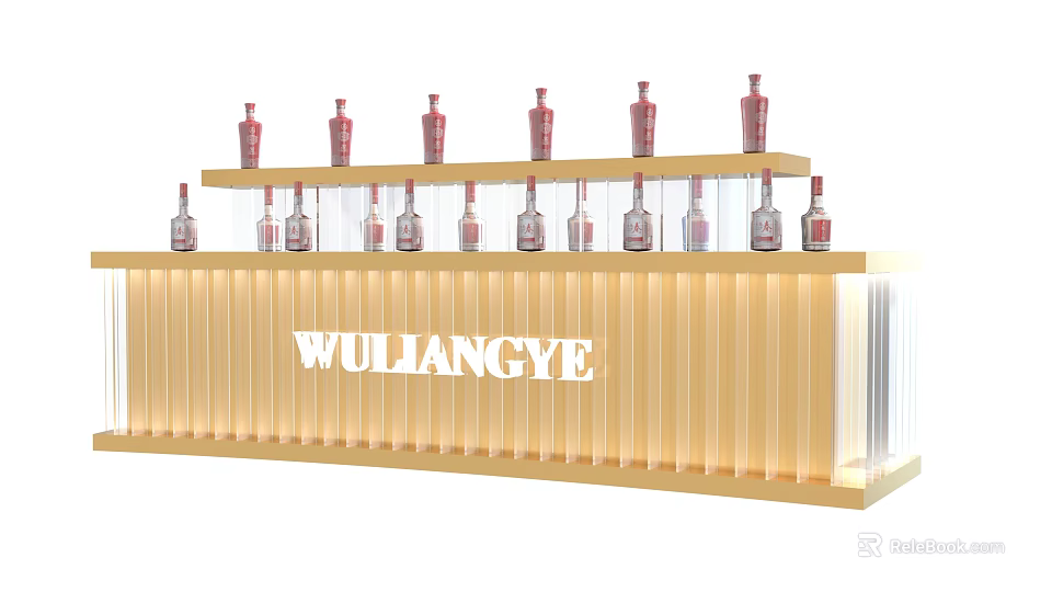 Elegant WULIANGYE Wine Cabinet With Multi Layer Shelves Glass Bottles Display And Golden Illuminated Design 3d model 