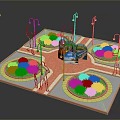 Colorful Flower Plants In Circular Beds At Urban Square With Street Lamps And Paved Paths