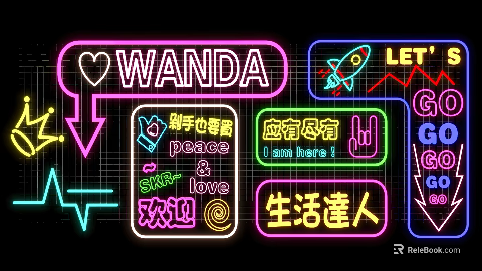 Colorful Neon Decorative Lights with Various Text and Graphic Designs 3d model