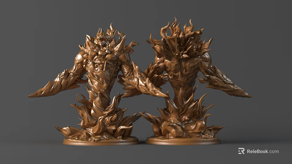 Golden Flame Shaped Sculptures Featuring Intricate Humanoid Design And Circular Pedestals 3d model 