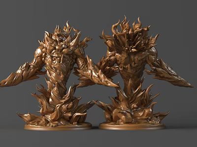 Golden Flame Shaped Sculptures Featuring Intricate Humanoid Design And Circular Pedestals 3d model