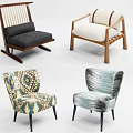 Various Modern Accent Chairs with Wooden Frames and Patterned Fabric Designs 3d model