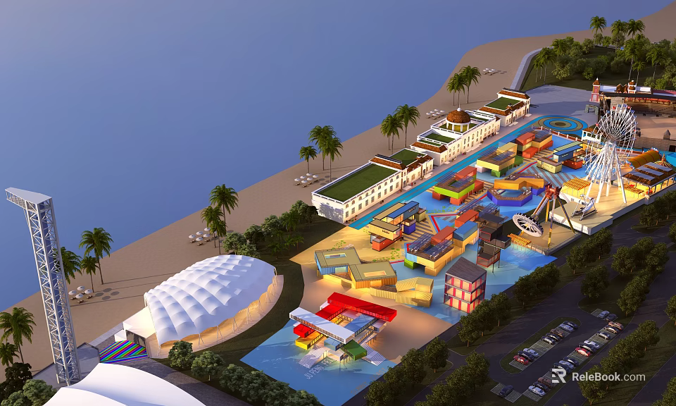 Beachfront Amusement Park With Palm Trees Colorful Rides Buildings Water Pools And Scenic Ocean View 3d model 
