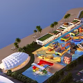 Beachfront Amusement Park With Palm Trees Colorful Rides Buildings Water Pools And Scenic Ocean View