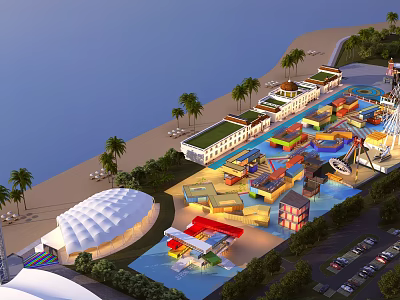 Beachfront Amusement Park With Palm Trees Colorful Rides Buildings Water Pools And Scenic Ocean View 3d model