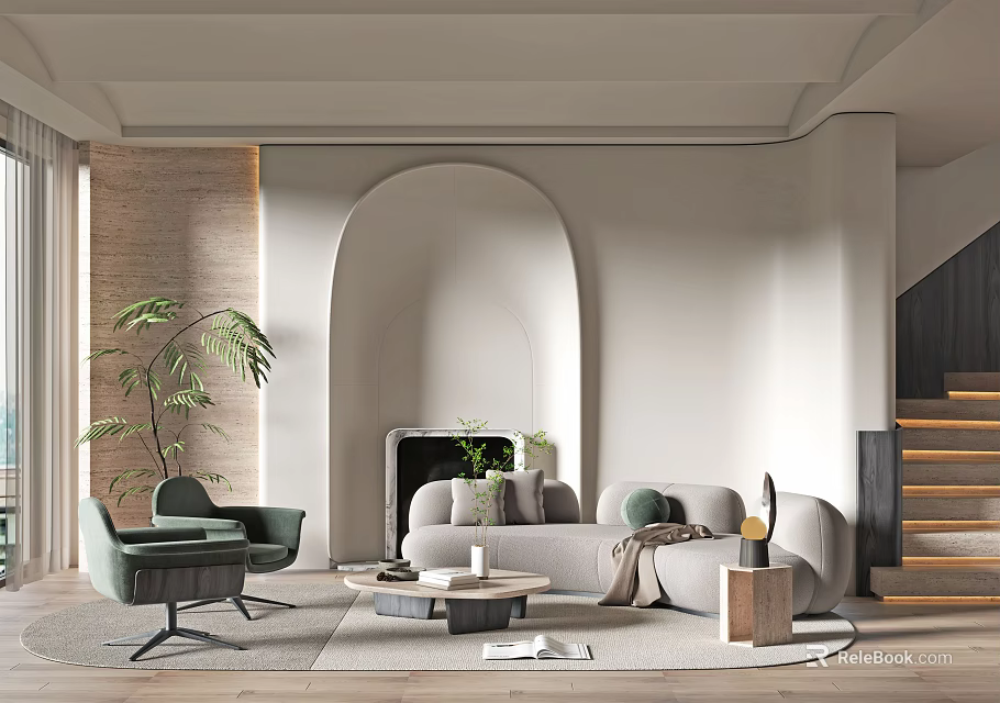 Modern Living Room Sofa Coffee Table Combination With Green Armchair And Potted Plant 3d model 