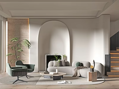 Modern Living Room Sofa Coffee Table Combination With Green Armchair And Potted Plant 3d model