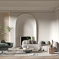 Modern Living Room Sofa Coffee Table Combination With Green Armchair And Potted Plant